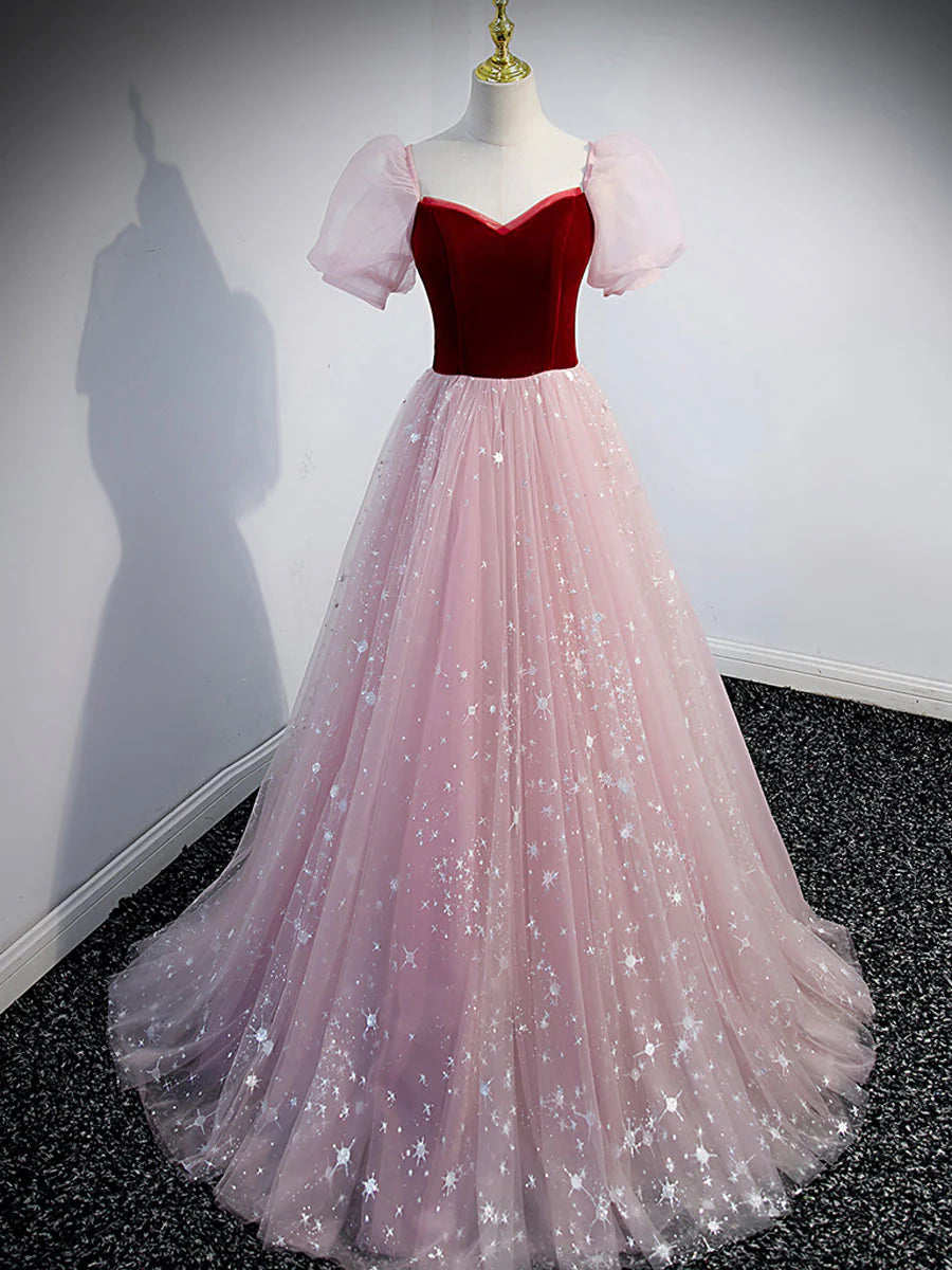 A line Tulle Long Prom Dress Pink Tulle Evening Graduation Dresses