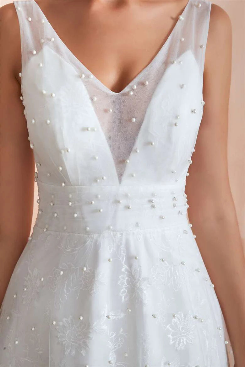 Pearls V-Neck Backless A-Line Wedding Dress