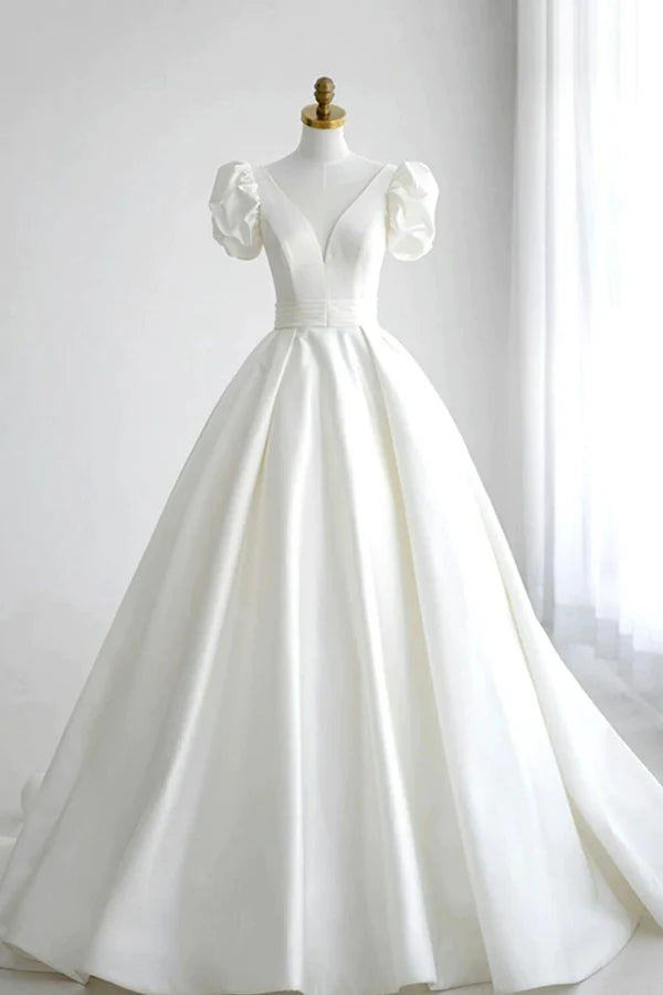 A Line V Neck White Wedding Dress with Short Sleeves