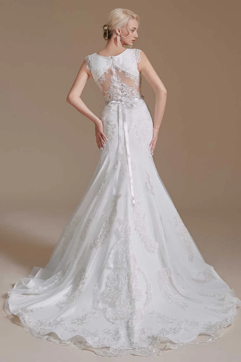 Lace Cap Sleeve Sheer Back Mermaid Wedding Dress