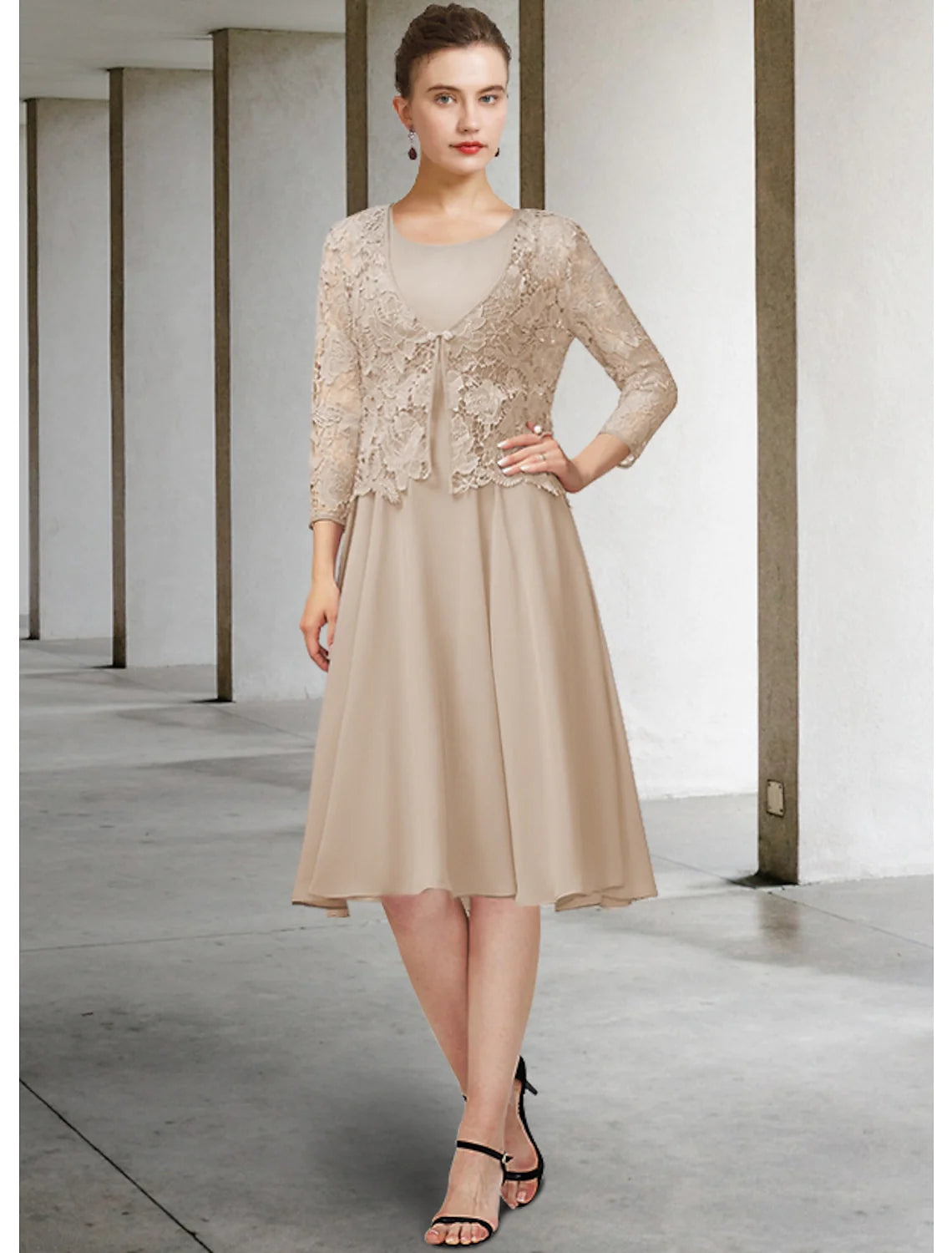 DingjiTwo Piece A-Line Mother of the Bride Dress Elegant Jewel Neck Knee Length Chiffon Lace 3/4 Length Sleeve with Bow(s) Appliques