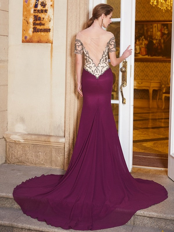 Sheath/Column Sheer Neck Short Sleeves Court Train Beading Chiffon Dresses