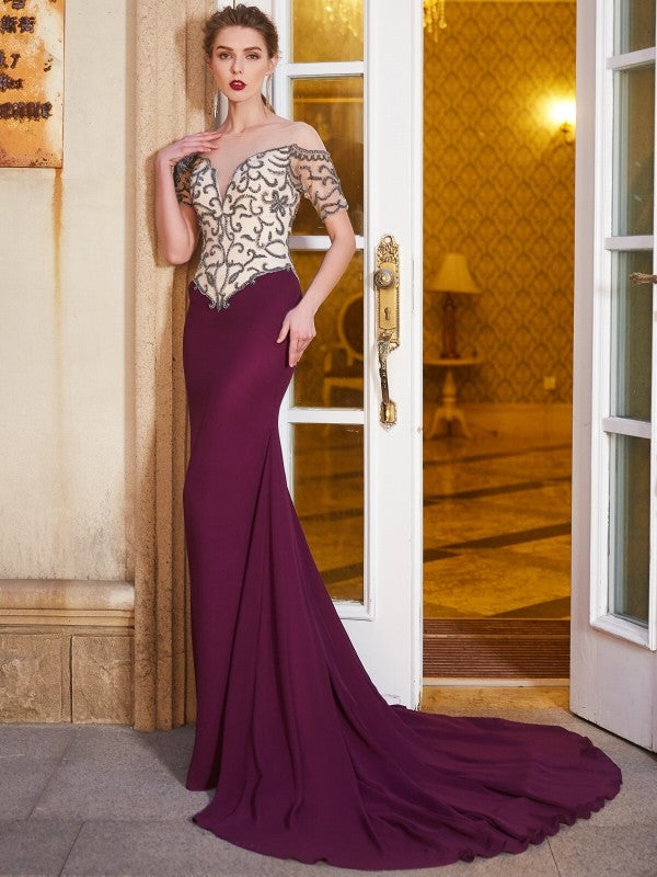 Sheath/Column Sheer Neck Short Sleeves Court Train Beading Chiffon Dresses