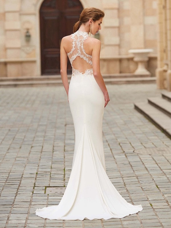 Trumpet/Mermaid High Neck Sleeveless Sweep/Brush Train Applique Spandex Dresses