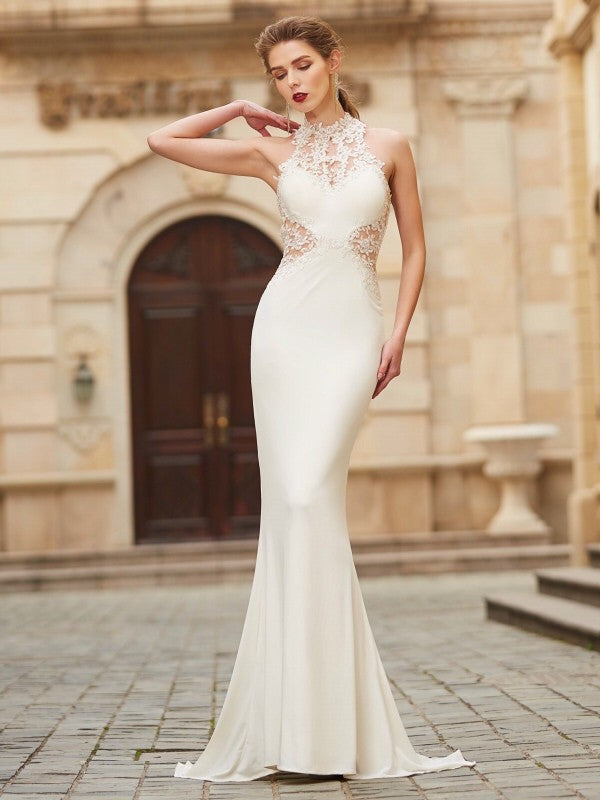 Trumpet/Mermaid High Neck Sleeveless Sweep/Brush Train Applique Spandex Dresses