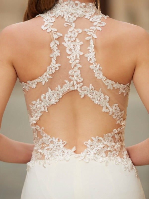 Trumpet/Mermaid High Neck Sleeveless Sweep/Brush Train Applique Spandex Dresses