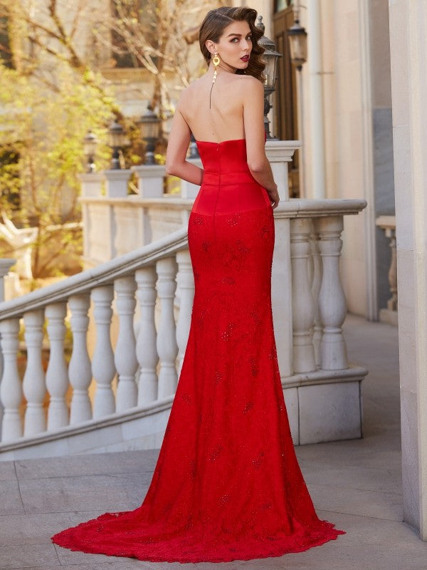 Trumpet/Mermaid Strapless Sleeveless Sweep/Brush Train Beading Satin Dresses