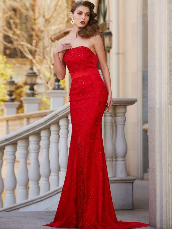 Trumpet/Mermaid Strapless Sleeveless Sweep/Brush Train Beading Satin Dresses
