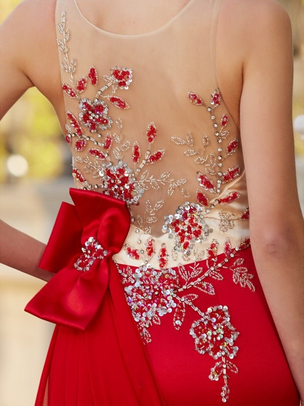 Trumpet/Mermaid Sheer Neck Sleeveless Court Train Applique Satin Dresses