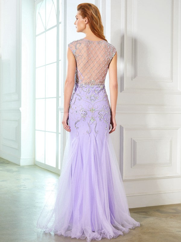 Trumpet/Mermaid Scoop Sleeveless Beading Floor-length Tulle Dresses