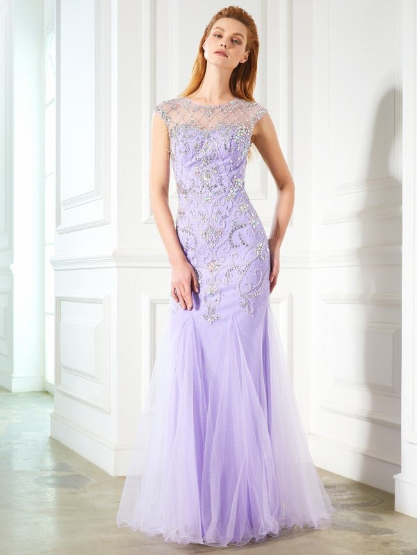 Trumpet/Mermaid Scoop Sleeveless Beading Floor-length Tulle Dresses
