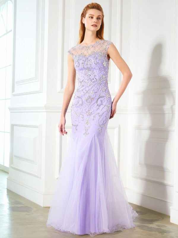 Trumpet/Mermaid Scoop Sleeveless Beading Floor-length Tulle Dresses