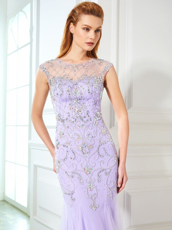 Trumpet/Mermaid Scoop Sleeveless Beading Floor-length Tulle Dresses