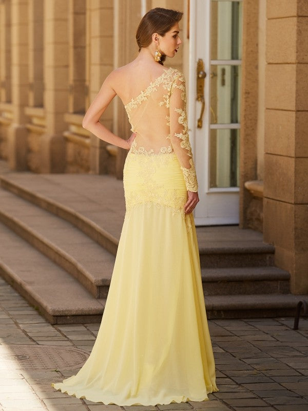 Sheath/Column One-Shoulder Lace Long Sleeves Sweep/Brush Train Chiffon Dresses