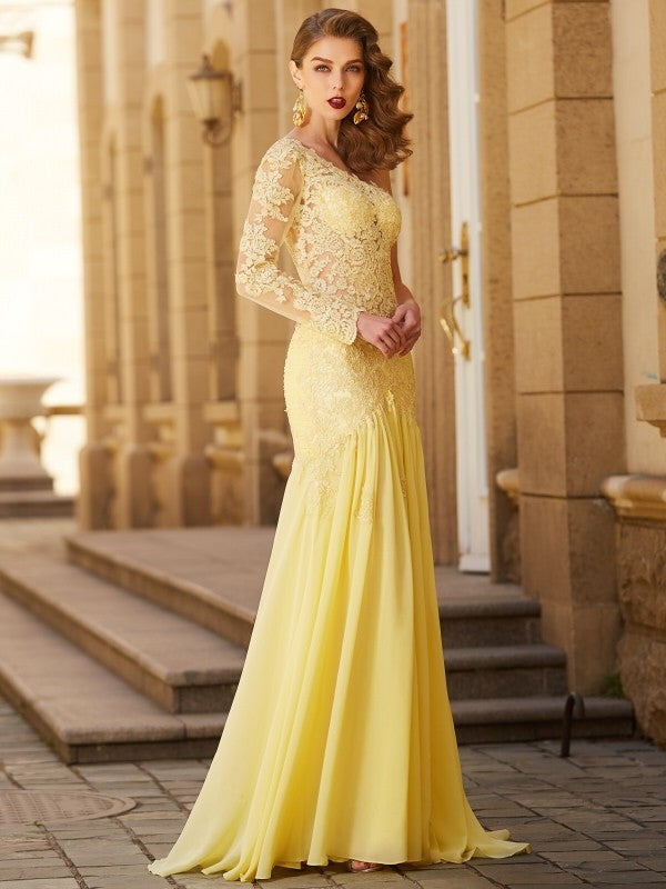 Sheath/Column One-Shoulder Lace Long Sleeves Sweep/Brush Train Chiffon Dresses