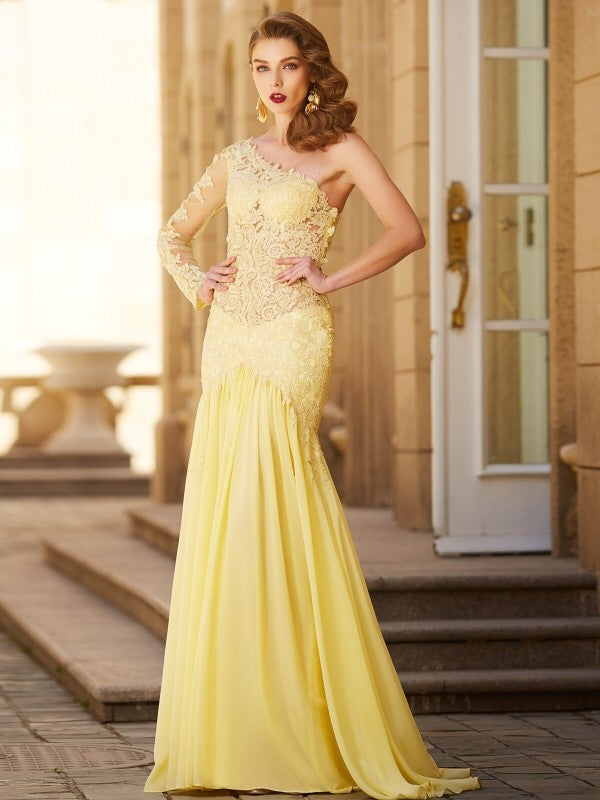 Sheath/Column One-Shoulder Lace Long Sleeves Sweep/Brush Train Chiffon Dresses