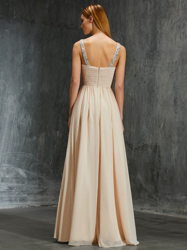 A-Line/Princess Spaghetti Straps Beading Floor-Length Chiffon Dresses