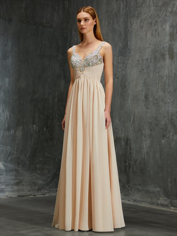 A-Line/Princess Spaghetti Straps Beading Floor-Length Chiffon Dresses