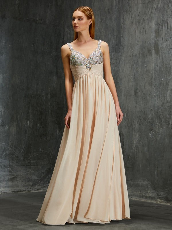 A-Line/Princess Spaghetti Straps Beading Floor-Length Chiffon Dresses