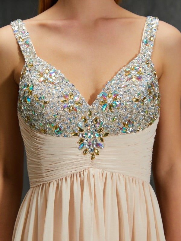 A-Line/Princess Spaghetti Straps Beading Floor-Length Chiffon Dresses