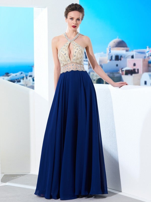 A-Line/Princess Sleeveless Straps Beading Chiffon Floor-Length Dresses