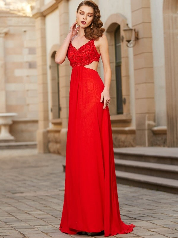 A-Line/Princess Straps Sleeveless Floor-Length Applique Chiffon Dresses