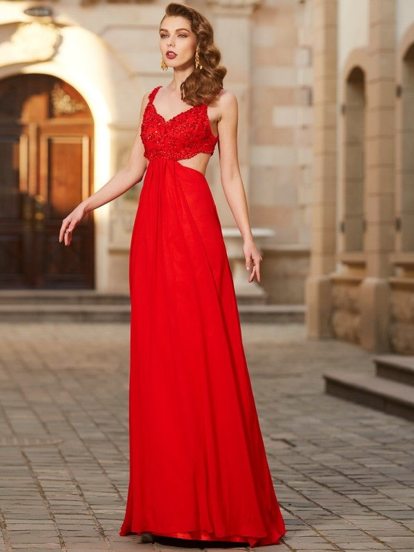 A-Line/Princess Straps Sleeveless Floor-Length Applique Chiffon Dresses
