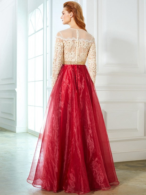 A-Line/Princess Sheer Neck Floor-Length Long Sleeves Applique Organza Dresses