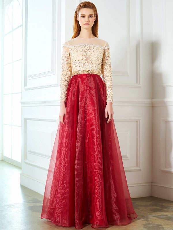 A-Line/Princess Sheer Neck Floor-Length Long Sleeves Applique Organza Dresses