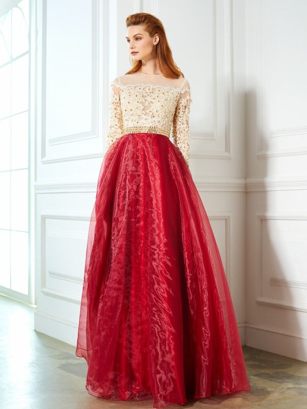 A-Line/Princess Sheer Neck Floor-Length Long Sleeves Applique Organza Dresses