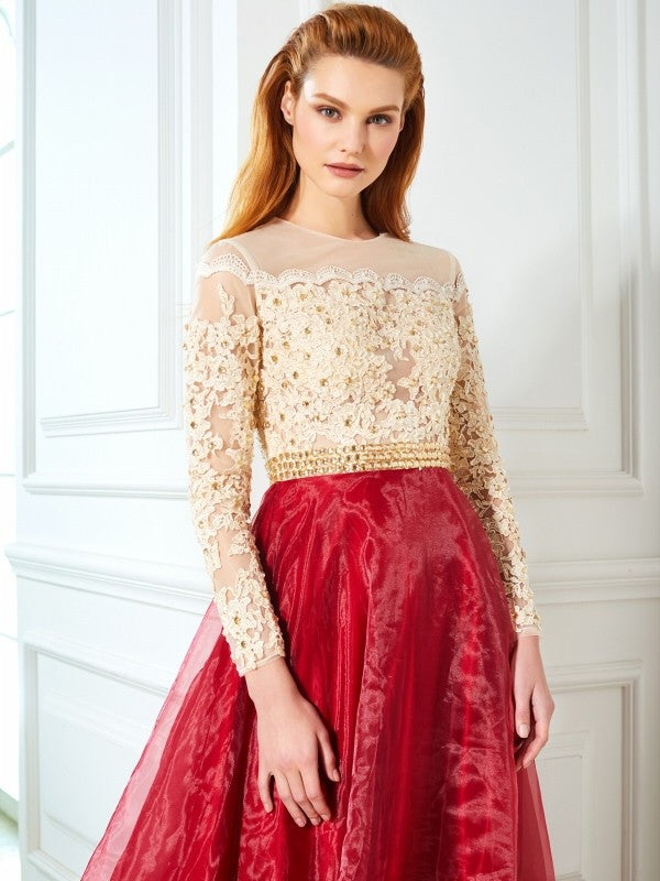 A-Line/Princess Sheer Neck Floor-Length Long Sleeves Applique Organza Dresses