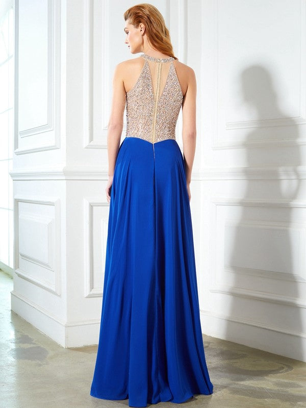 A-Line/Princess Scoop Sleeveless Floor-Length Crystal Chiffon Dresses