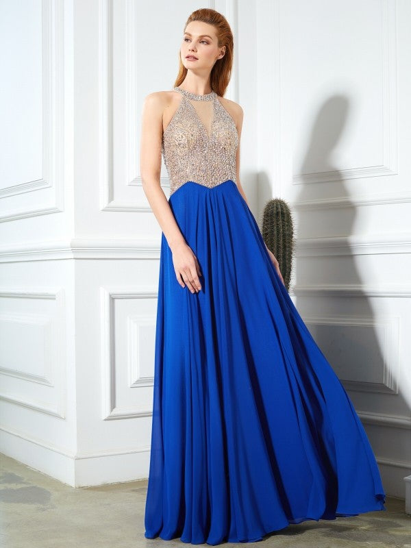 A-Line/Princess Scoop Sleeveless Floor-Length Crystal Chiffon Dresses