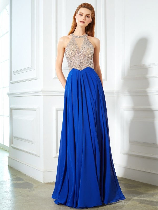 A-Line/Princess Scoop Sleeveless Floor-Length Crystal Chiffon Dresses