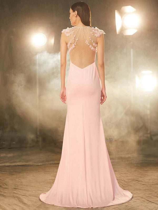 Trumpet/Mermaid Jewel Short Sleeves Sweep/Brush Train Beading Spandex Dresses