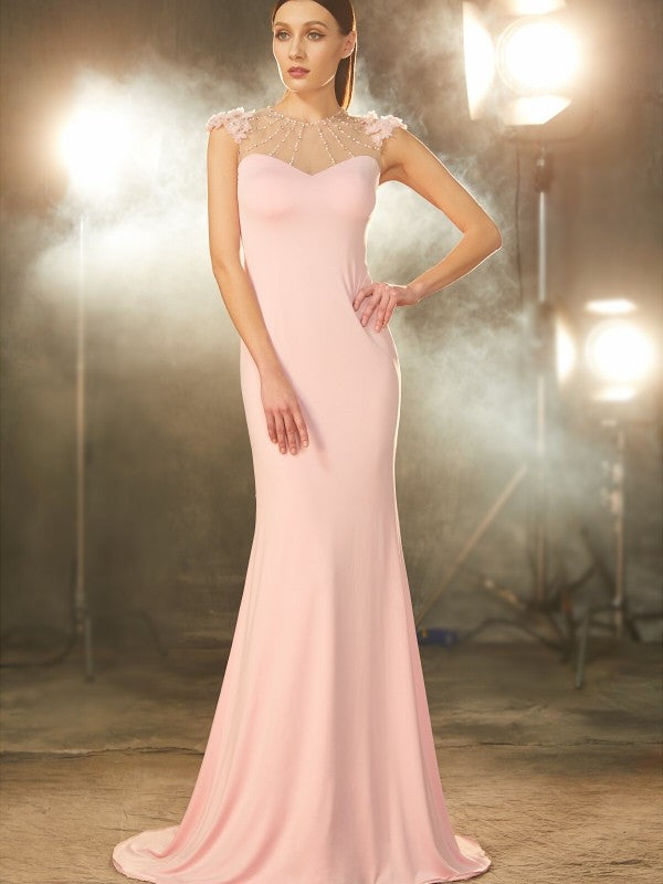 Trumpet/Mermaid Jewel Short Sleeves Sweep/Brush Train Beading Spandex Dresses