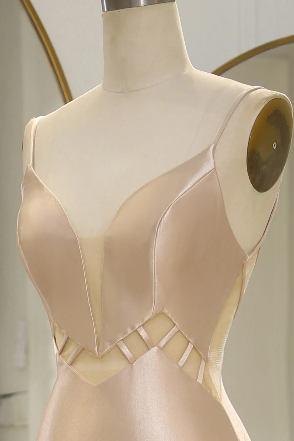 Champagne Spaghetti Straps Long Mermaid Satin Prom Dress