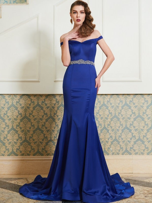 Trumpet/Mermaid Off-the-Shoulder Sleeveless Crystal Sweep/Brush Train Satin Dresses