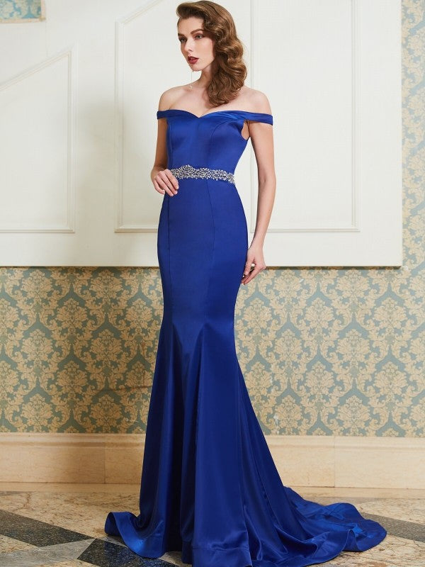 Trumpet/Mermaid Off-the-Shoulder Sleeveless Crystal Sweep/Brush Train Satin Dresses