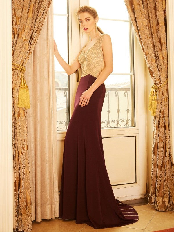 Sheath/Column Straps Sleeveless Beading Sweep/Brush Train Jersey Dresses