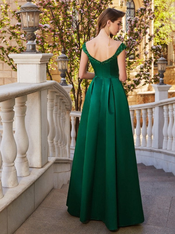 A-Line/Princess Off-the-Shoulder Sequin Sleeveless Satin Floor-Length Dresses