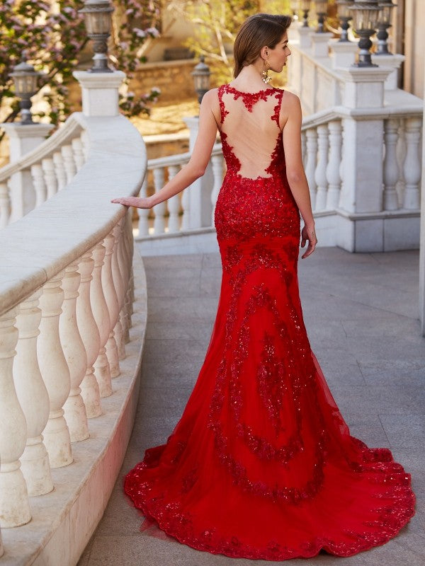 Trumpet/Mermaid Sheer Neck Sleeveless Sweep/Brush Train Applique Tulle Dresses