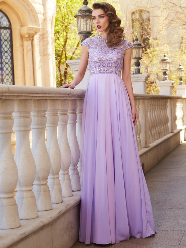A-Line/Princess Scoop Short Sleeves Floor-Length Beading Chiffon Dresses