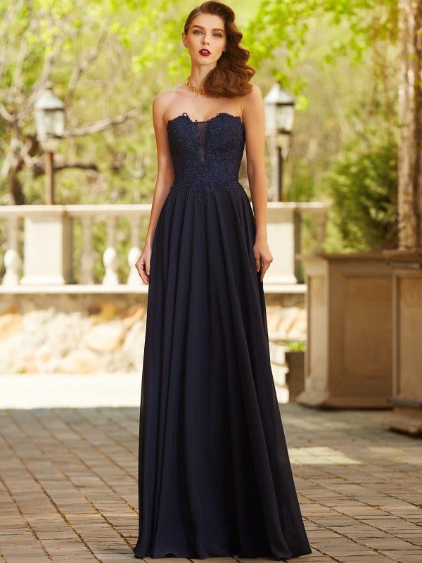 A-Line/Princess Sweetheart Sleeveless Floor-Length Applique Chiffon Dresses