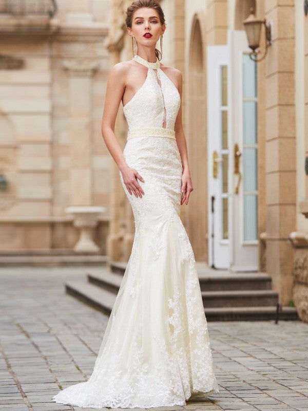 Sheath/Column Jewel Sleeveless Floor-Length Applique Lace Dresses