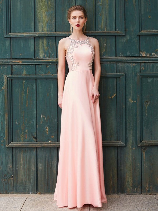 A-Line/Princess Scoop Beading Sleeveless Satin Floor-Length Dresses