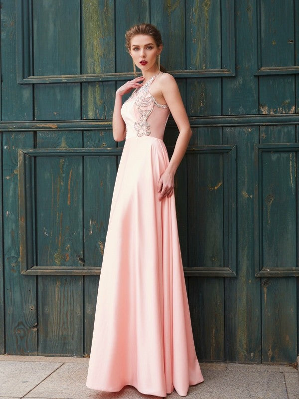 A-Line/Princess Scoop Beading Sleeveless Satin Floor-Length Dresses