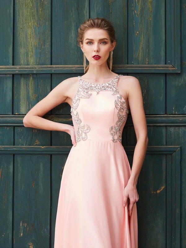 A-Line/Princess Scoop Beading Sleeveless Satin Floor-Length Dresses