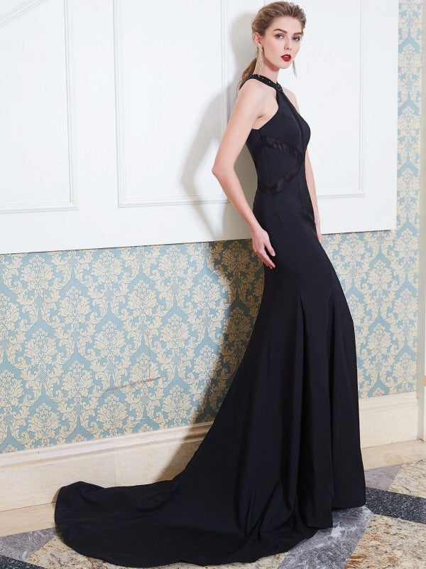 Sheath/Column Jewel Sleeveless Sweep/Brush Train Beading Elastic Woven Satin Dresses