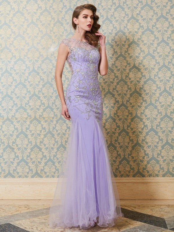 Trumpet/Mermaid Scoop Sleeveless Beading Floor-length Tulle Dresses